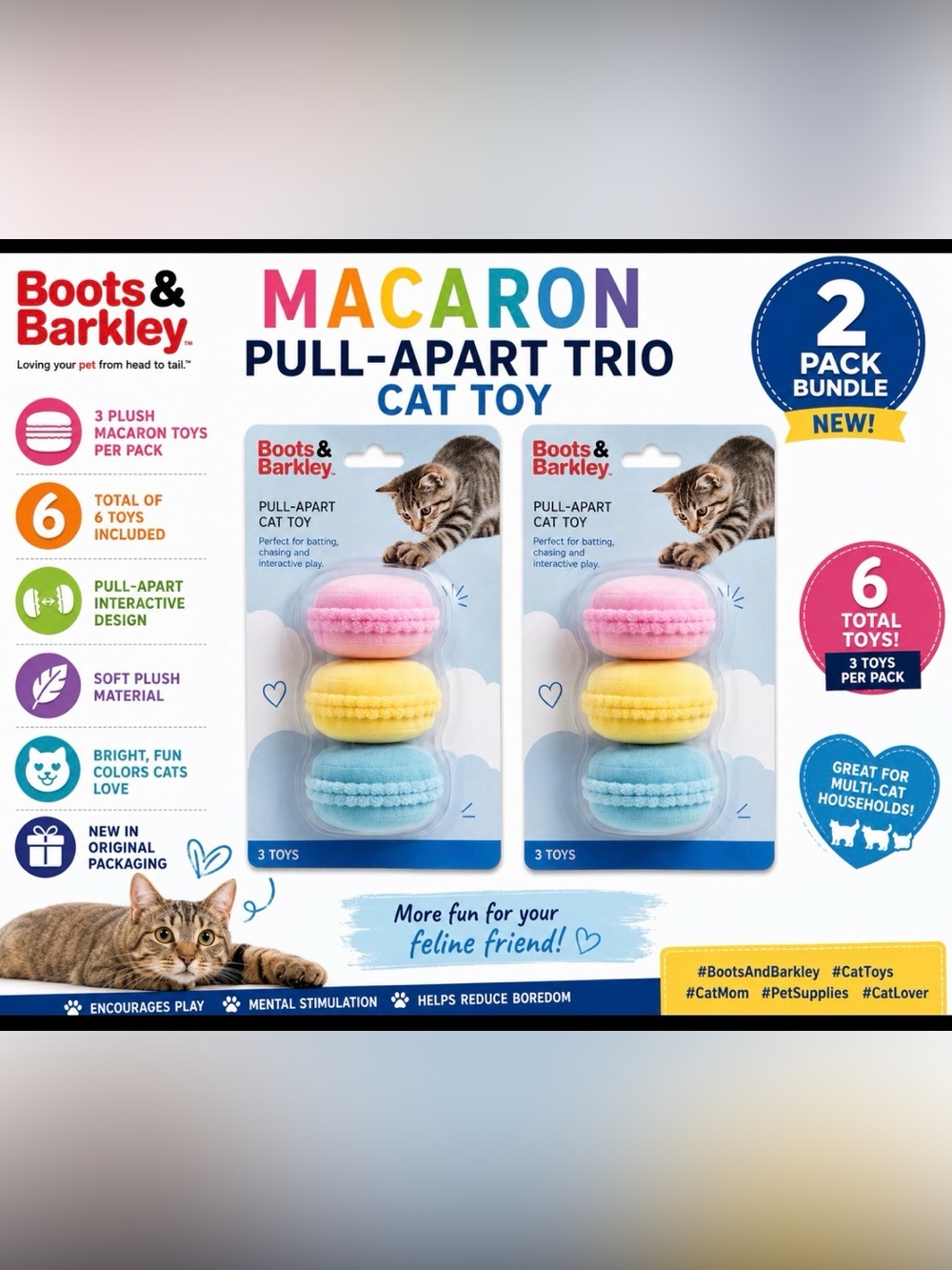 Boots & Barkley Macaron Pull-Apart Trio Cat Toy Bundle (2 Packs) – NEW